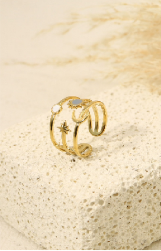 Bague triple ligne lune soleil étoile nacre